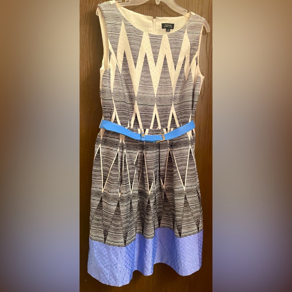 Tahari Arthur S. Levine Chevron A-Line Belted Midi Dress Women's Size 14